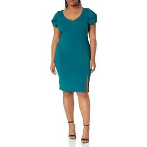 Trina Turk Tine Dress Cap Sleeve Slit Petrol Teal Blue Sheath Work Womens 10